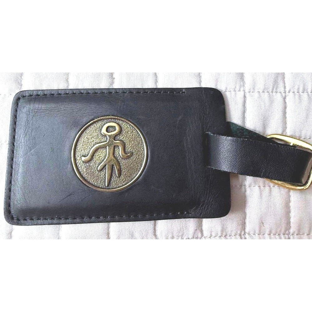 Vintage  Black Leather‎ Luggage Tag w/Buckle Closure & weird Medallion